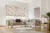 Neutral lounge with L shaped sofa with accent cushions in soft pink and floral matching two Roman blinds at window behind with medium sized pink and beige flowers, accent grey knot-shaped cushion on sofa.