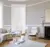 Dove grey living room with tall narrow windows dressed in white wood venetian blinds fully lowered, pale grey sofa, rug on wooden floor and white chair.