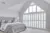 White bedroom with bed on right with grey upholstered bedhead, white and grey bedding and gable end window and doors dressed in white shutters, closed with louvres open.