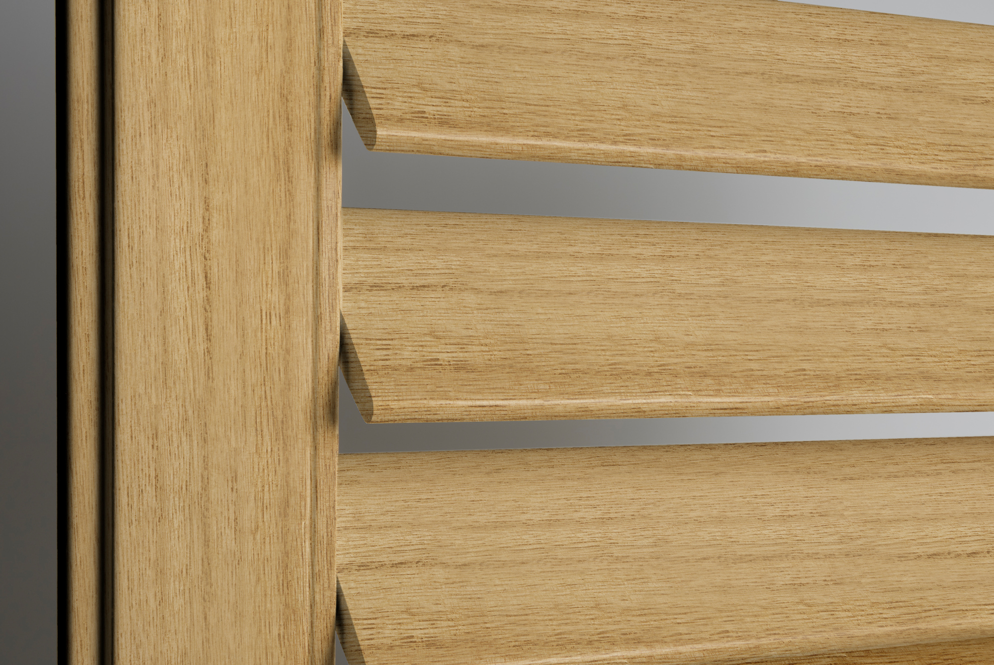 Honey oak light brown shutter with slats partially opened