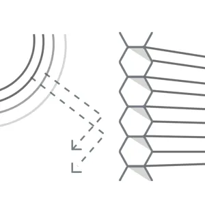 Pencil-style drawing of honeycomb shaped blinds on right, sun on left and arrows from sun to blind indicating light flow.