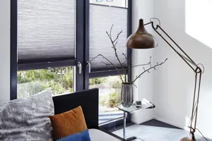 Two grey Duette blinds covering middle sections of doors, grey anglepoise lamp and vase with twigs. 