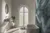 White bathroom with bath on right against feature wall with abstract marble-effect in blues and arched window to rear dressed in white shutters, louvres open.