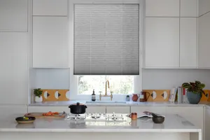 HIL 2019 PLEATEDLAUNCH PLEATEDBLINDS PROMO FREEHANG MONTOYA GREY KITCHEN 374