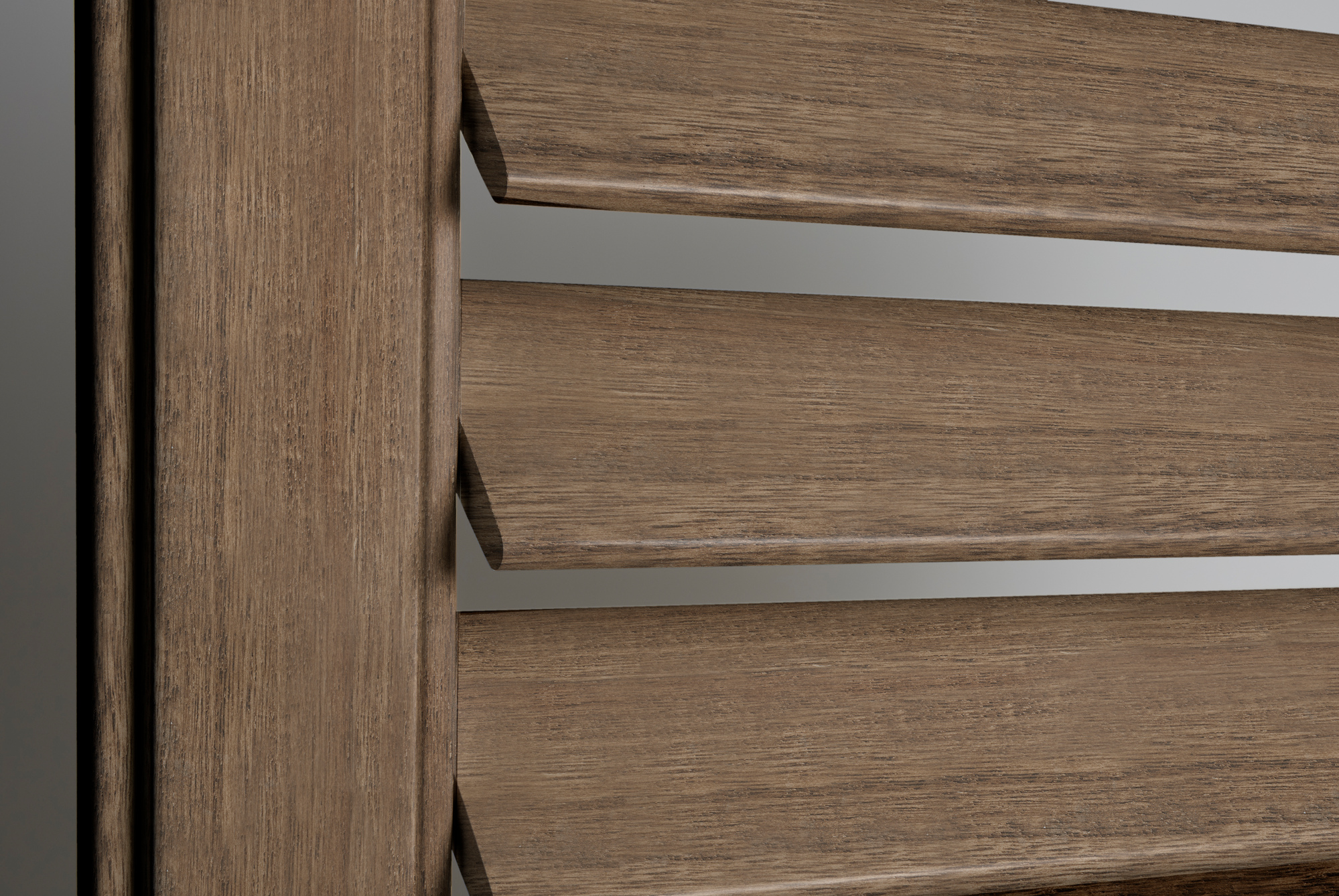 Vintage oak dark brown shutter with slats partially opened