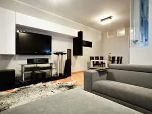 Home den with sofas and tv entertainment systems, speakers, shelving for consoles.