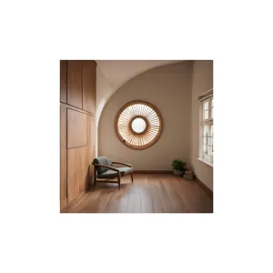 A room with wooden floors and a wall in wooden panels on left, square window on right wall and background wall with round window dressed in wooden circular shutter.