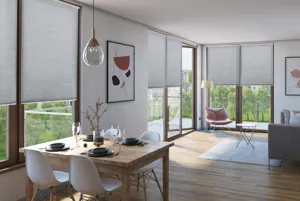 open plan living-dining room with floor to ceiling windows and doors left and rear, pale wood floor, neutral walls, wooden contemporary dining set, beige contemporary sofa, door open, all doors and windows dressed in pale grey duette blinds half lowered.)