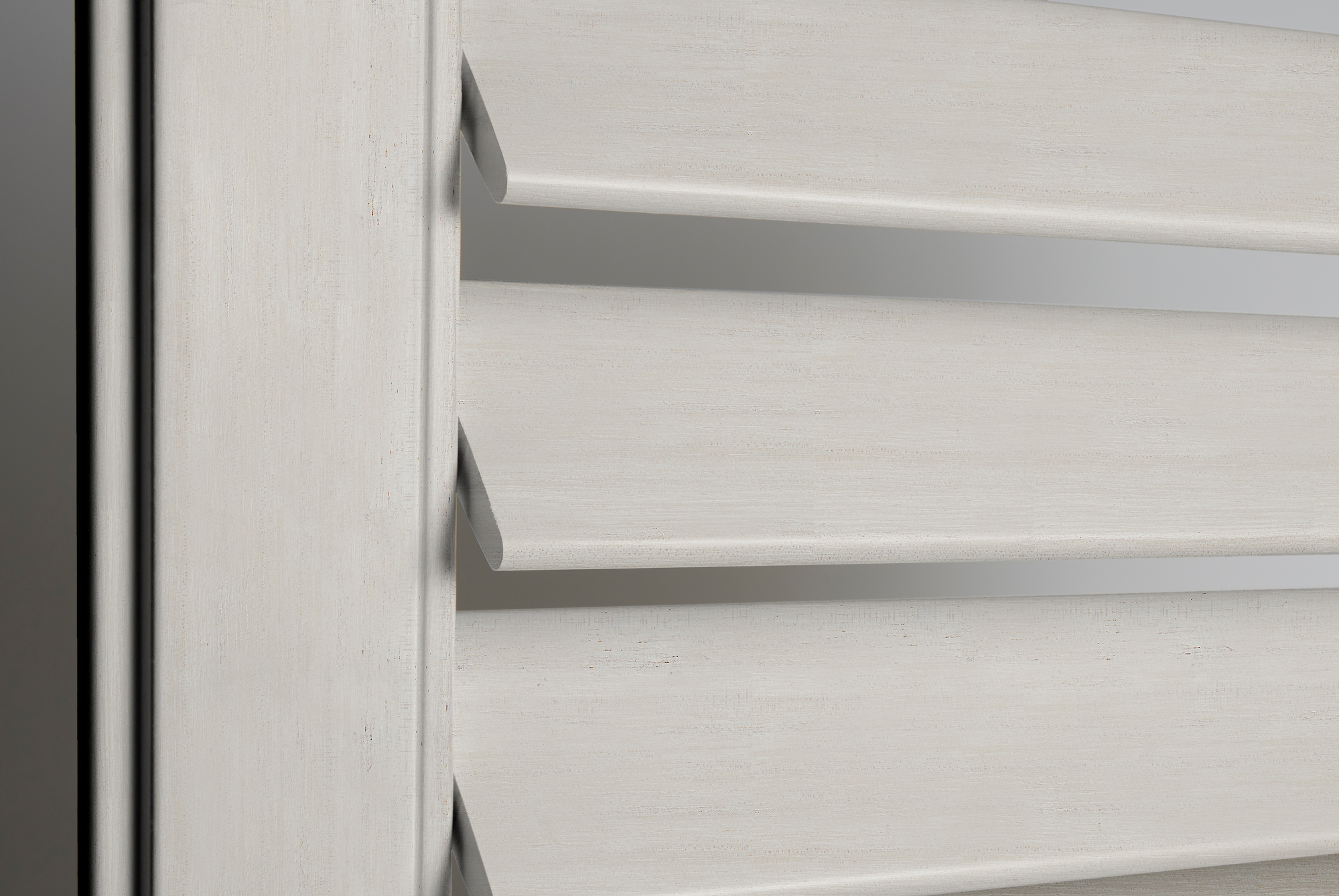 White birch shutter with slats partially opened