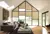 Living area with grey sofa and low table on a rug over a wooden floor with gable end window dressed in pale caramel duette blinds at varying levels.