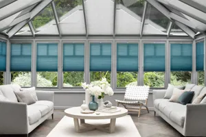 TS 2019 CONSERVATORY PLEATED BLINDS ROOF 8809 DU 25 DUO TONE TELEGRAY SIDES 8828 DU 25 SILK DEEP BALSAM TRADITIONAL LIVING LANDSCAPEV2