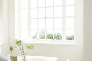A large window in a cream room with no curtains or blinds.